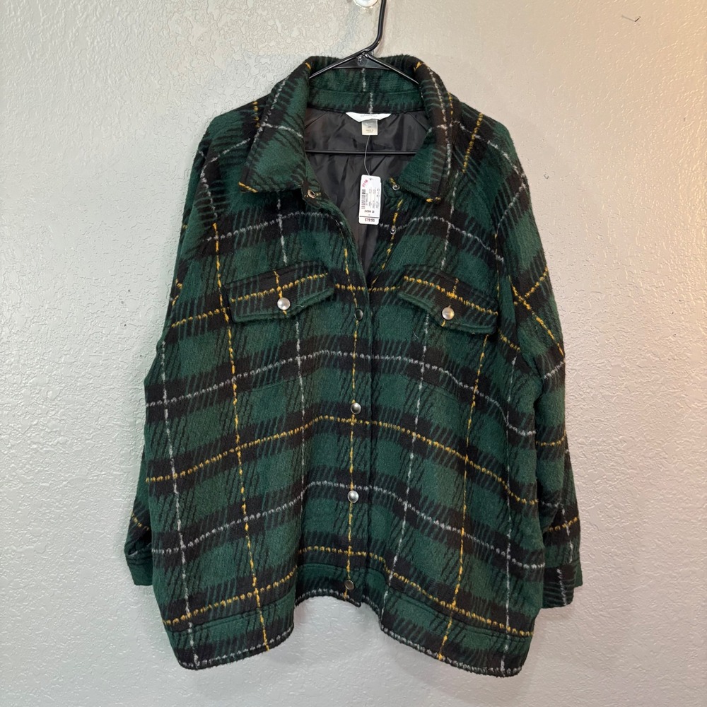 CJ Banks Green Plaid Wool Blend Shacket Jacket Womens 3X Plus New